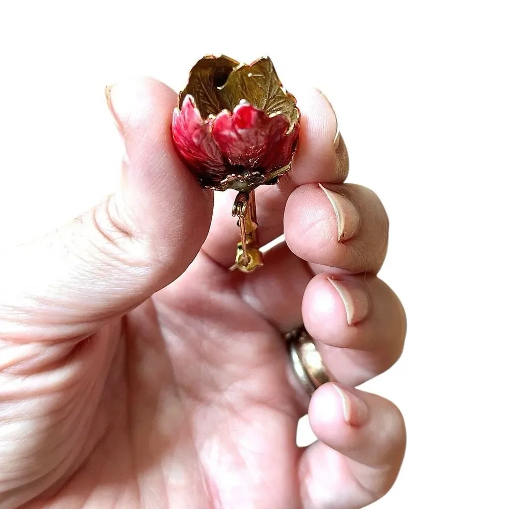 VTG Sandor Brooch Pink Enamel Flower Tulip Peony Gold Tone Mid Century Signed